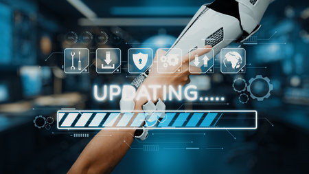 A modern robotic arm interacts with a digital interface, showcasing technology updates and progress...
