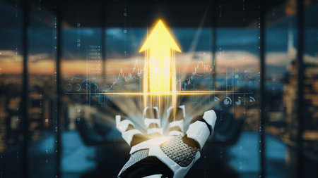 A futuristic robotic hand showcases a rising financial chart and arrow in a sleek modern office, representing the intersection of technology and financial growth.の写真素材