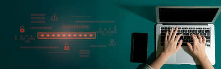 Password security breach warning with red asterisk box, cybersecurity alert, lock icons, and...