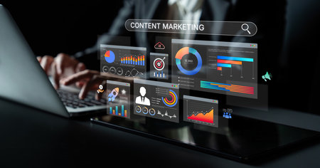 Content marketing interface with data dashboards, analytics charts, and content tools. Marketing success comes from content performance, content planning, and marketing optimization.の写真素材