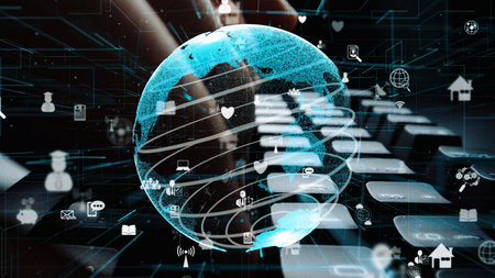 A striking digital illustration featuring a globe overlay with various icons, symbolizing global...