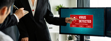 Virus warning alert on computer screen detected brisk cyber threat , hacker, computer virus and...