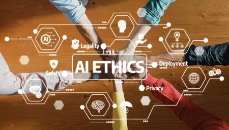 A diverse team collaborates over AI ethics with visual elements emphasizing safety, legality, and...