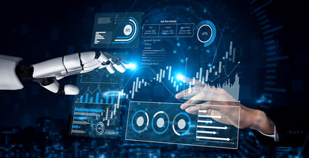 AI analyzing sales data dashboard, visualizing performance metrics, detecting trends, and generating...