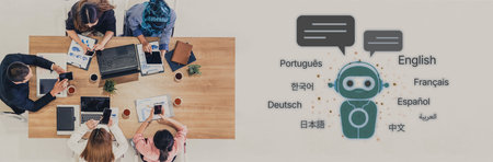 Global communication with multiple languages, digital translation tools, multilingual technology,...