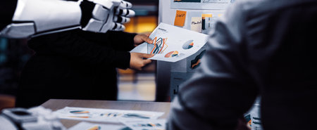 A striking image of a human and robot collaborating in a modern office setting, showcasing data...