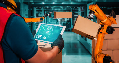 Smart robot arm systems for innovative warehouse and factory digital technology . Automation...