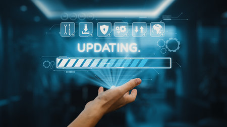 A hand reaches towards a virtual progress bar indicating an updating status, accompanied by various...