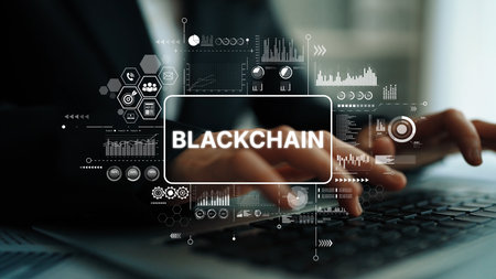 Business Professional Engaging with Blockchain Technology and Data Visualization on Laptop Keyboard....