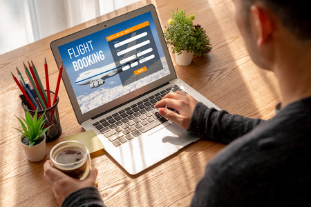 Online flight booking website provide modish reservation system . Travel technology concept .