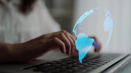 Global network connection visualization showing data exchange, digital link, worldwide...