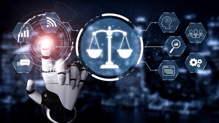 Futuristic digital law interface displaying justice scale, highlighting digital law, AI compliance,...