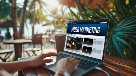 Video Marketing Concept on Laptop Screen. Video Marketing Advertising Business on Social Media and brisk Internet Network Technology Conceptの素材