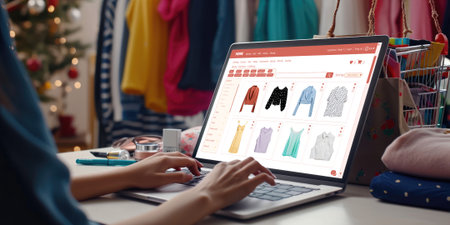 Online shopping screen on internet marketplace browsing for sale items for modern lifestyle and use credit card for online payment from wallet protected by brisk cyber security softwareの素材