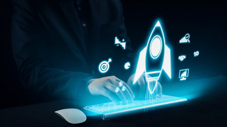 A businessman engages with a holographic rocket symbol above a glowing keyboard, representing...