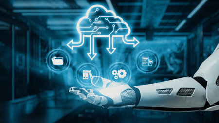 A robotic hand reaches out towards virtual symbols of cloud infrastructure, illustrating the future...