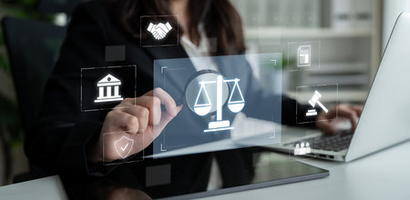 Legal compliance and governance concept showing justice scale, courthouse, contract, policy,...