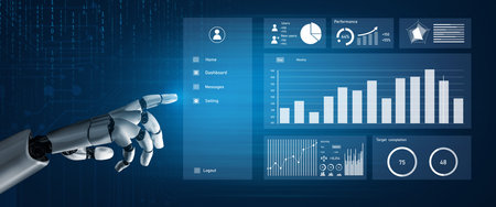 Futuristic Robotic Hand Interacting with Digital Dashboard Interface and Performance Analytics...