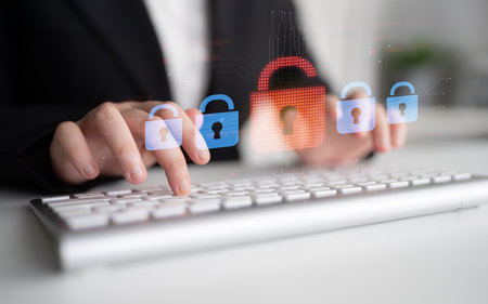 Digital security concept illustrating a cybersecurity breach, with a red unlocked padlock indicating...