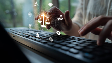 Futuristic digital law interface displaying justice scale, highlighting digital law, AI compliance,...