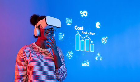 A young individual experiences virtual reality, engaging with digital concepts of cost reduction and...