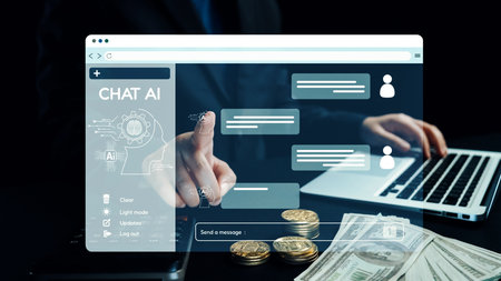 A professional user interacts with an AI chatbot interface while managing financial transactions,...
