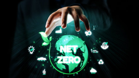 This striking image features a hand reaching toward a vibrant globe with green elements and icons,...