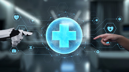 Robot and human reaching hand and pointing finger with medical cross icon floating. Close up of...