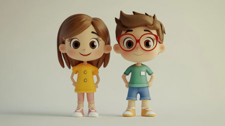 Charming cartoon kids stand together, radiating joy and friendship. Their colorful outfits and bright smiles make this illustration perfect for various creative projects.の素材