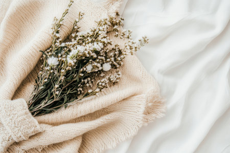 A soft textured sweater lays on light fabric, adorned with delicate white flowers. This composition evokes a cozy, serene atmosphere, perfect for seasonal decor.の素材