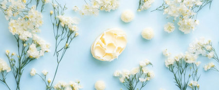 A visually appealing still life featuring creamy butter encircled by delicate white flowers. The composition on a soft blue surface evokes freshness and elegance.の素材