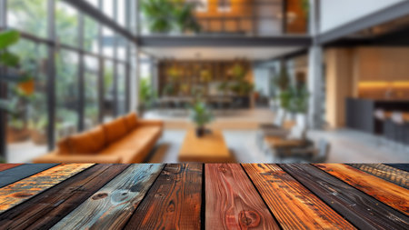 Foreground wooden office table with a blurry background of a contemporary office lobby, perfect for business product displays and presentations.の素材