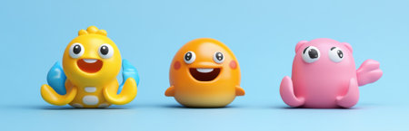 A collection of three adorable cartoon sea creature toy figurines in vibrant colors. These cheerful characters are perfect for kids playtime or as decorative items.の素材