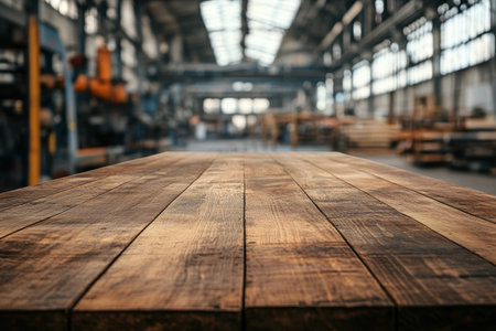 A rustic wooden table set in an industrial warehouse environment, showcasing natural grain and texture. The soft lighting creates a warm ambiance, perfect for design projects.の素材