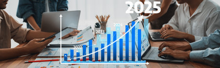 A collaborative business meeting featuring a digital growth chart and various devices, highlighting...