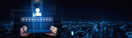User authentication and password protection concept showing secure login, privacy safeguard, data...