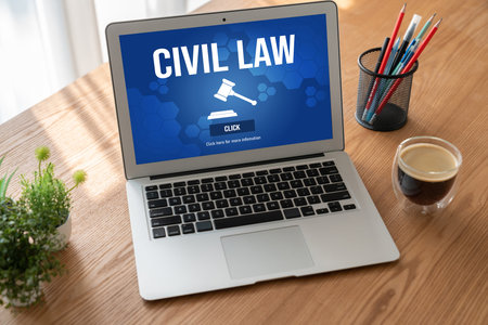 Civil law brisk information showing on computer screen for Common Justice Legal Regulation Rights...