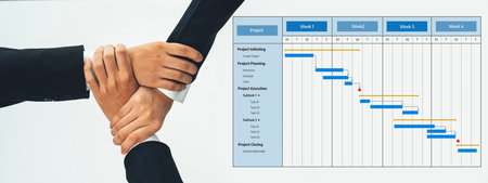 An engaging visual representation of project management showcasing a gantt chart alongside hands...