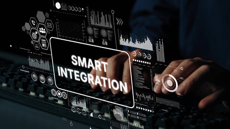 Advanced Technology Concept with Hands Typing on Keyboard and Data Visualization on Screen for Smart...