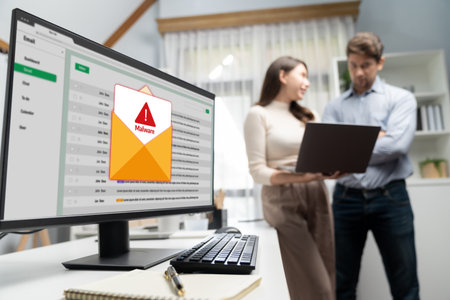 Cyber attacking concept. Malware alert showing on computer screen display scam and threat detection...