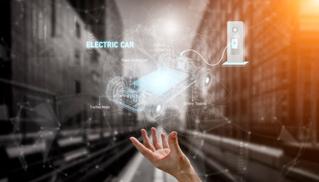 Structure of electric car showing battery system, traction motor, control units, and charging...