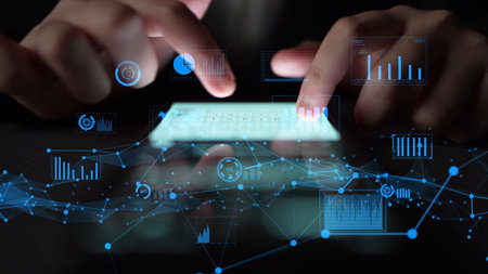 Dynamic image depicting hands interacting with a transparent touchscreen filled with digital graphs,...