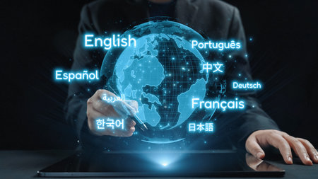 A businessman interacts with a digital globe that displays various world languages, illustrating the...