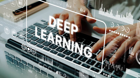 Hands Typing on Laptop Keyboard with Deep Learning Text and Data Visualization Elements. Asymptotic smart data analytic.の写真素材