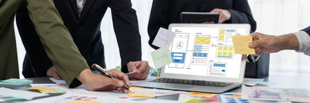 Analyst team use sticky note for creative and analytic brainstorm for business idea with BI data...