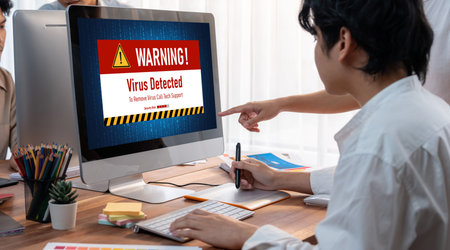 Virus warning alert on computer screen detected brisk cyber threat , hacker, computer virus and...