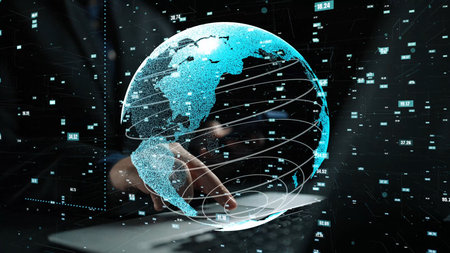 A futuristic image featuring a hand reaching towards a digital globe. Surrounding data streams...