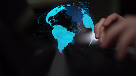 Global network connection visualization showing data exchange, digital link, worldwide...