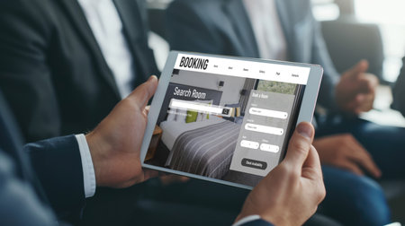 Online hotel accommodation booking website provide brisk reservation system . Travel technology concept .の素材