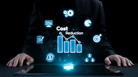 A businessman displays digital analytics focused on cost reduction, featuring graphs and icons...